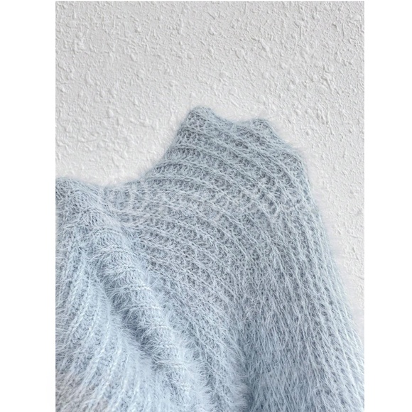 Light Blue Soft Fuzzy Turtleneck Pullover Sweater Long Sleeve - Picture 7 of 9